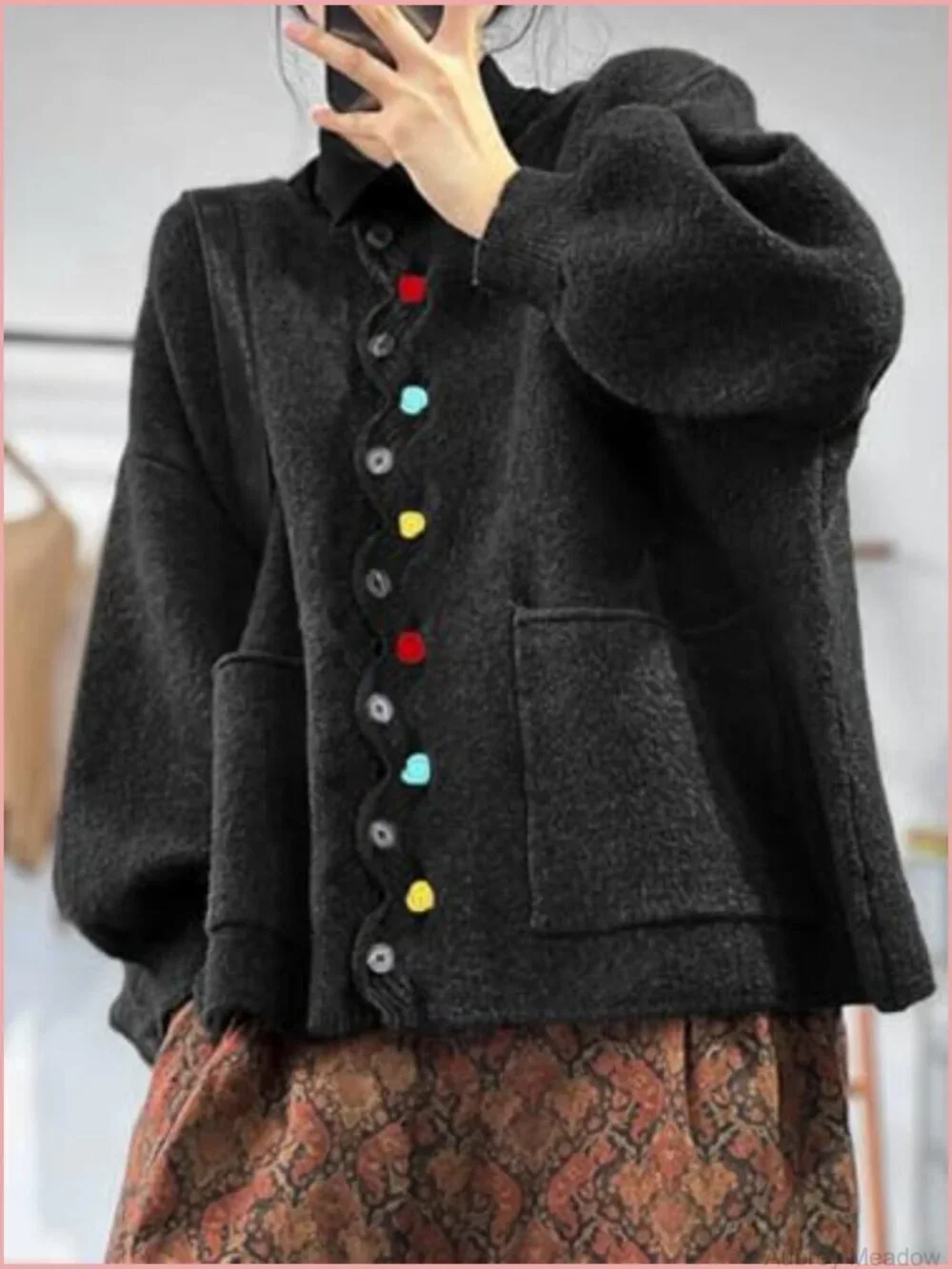 Oversized Knit Cardigan with Puff Sleeves and Pockets